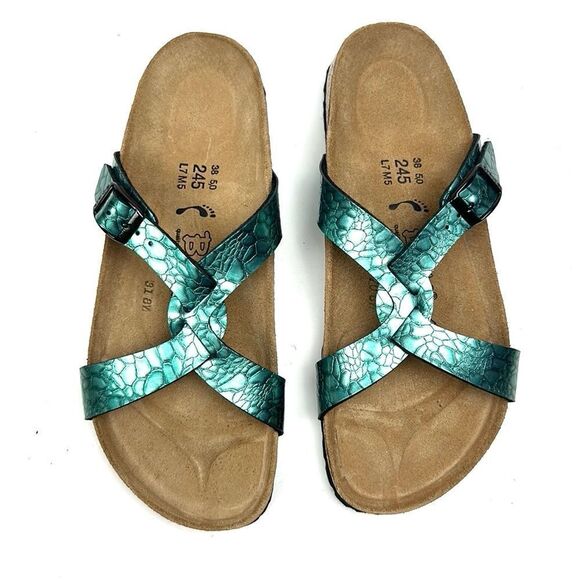 NWB Birkenstock Birki’s Sylt Metallic Turquoise Croc Embossed Sandals 38 US 7 - Picture 3 of 14